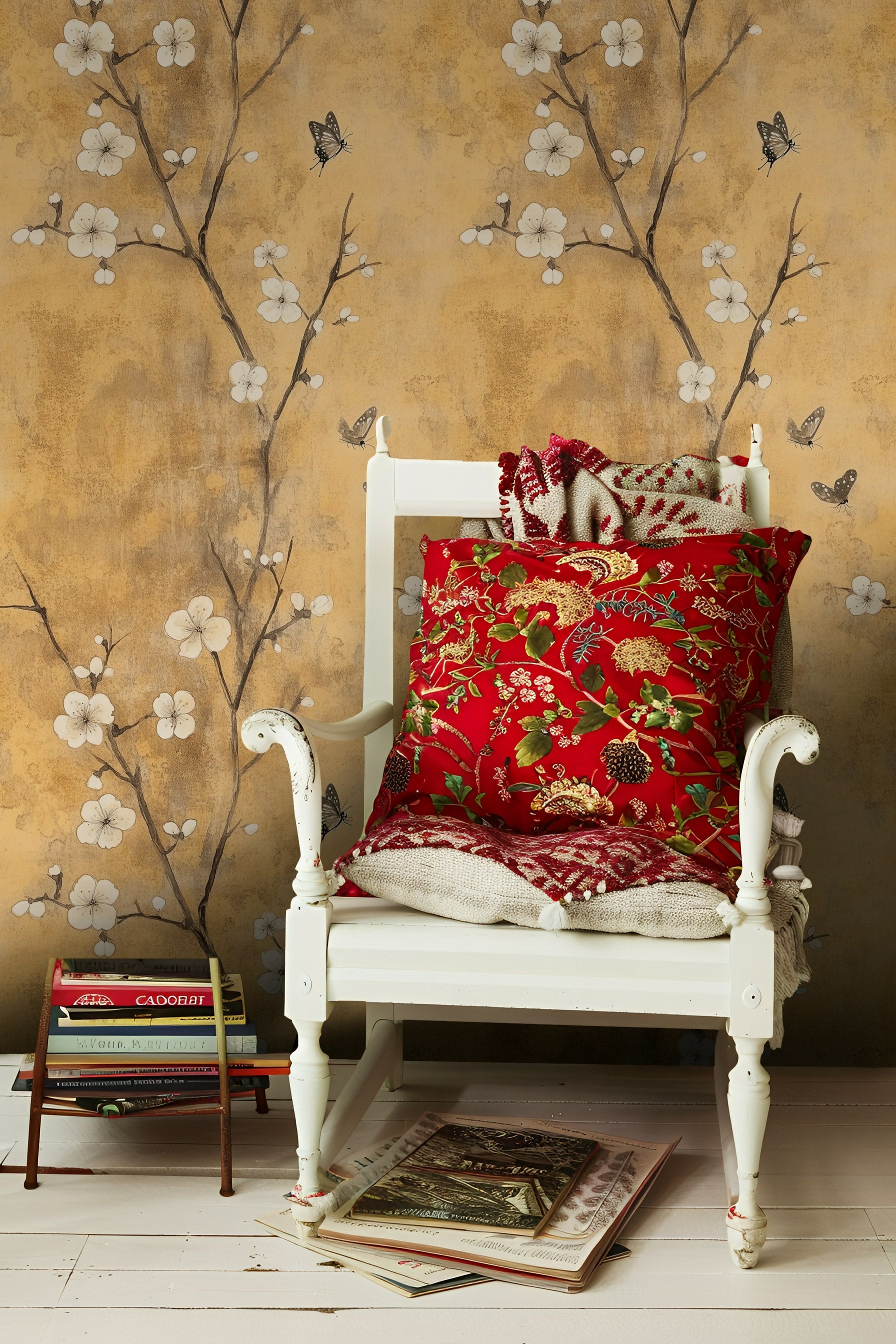 Warm Beige Cherry Blossom and Butterfly Wallpaper