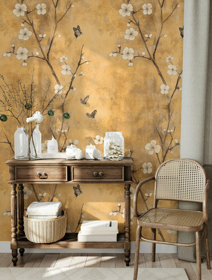 Warm Beige Cherry Blossom and Butterfly Wallpaper