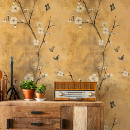 Warm Beige Cherry Blossom and Butterfly Wallpaper