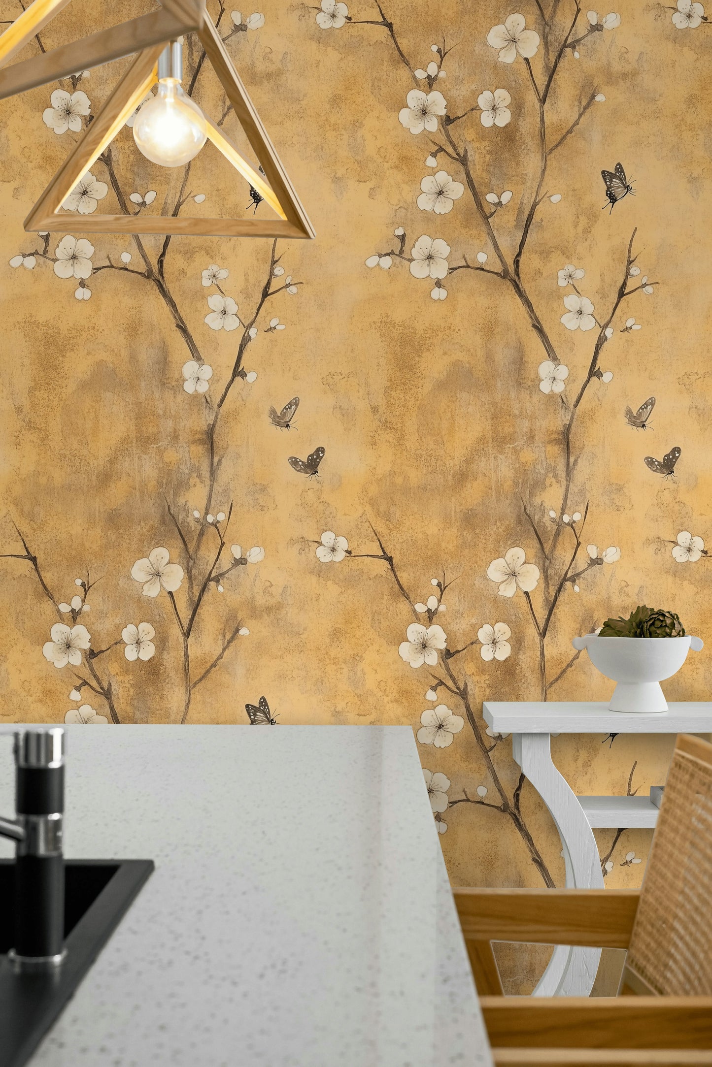 Vintage Golden Cherry Blossom Wallpaper Chinoiserie Wall Mural