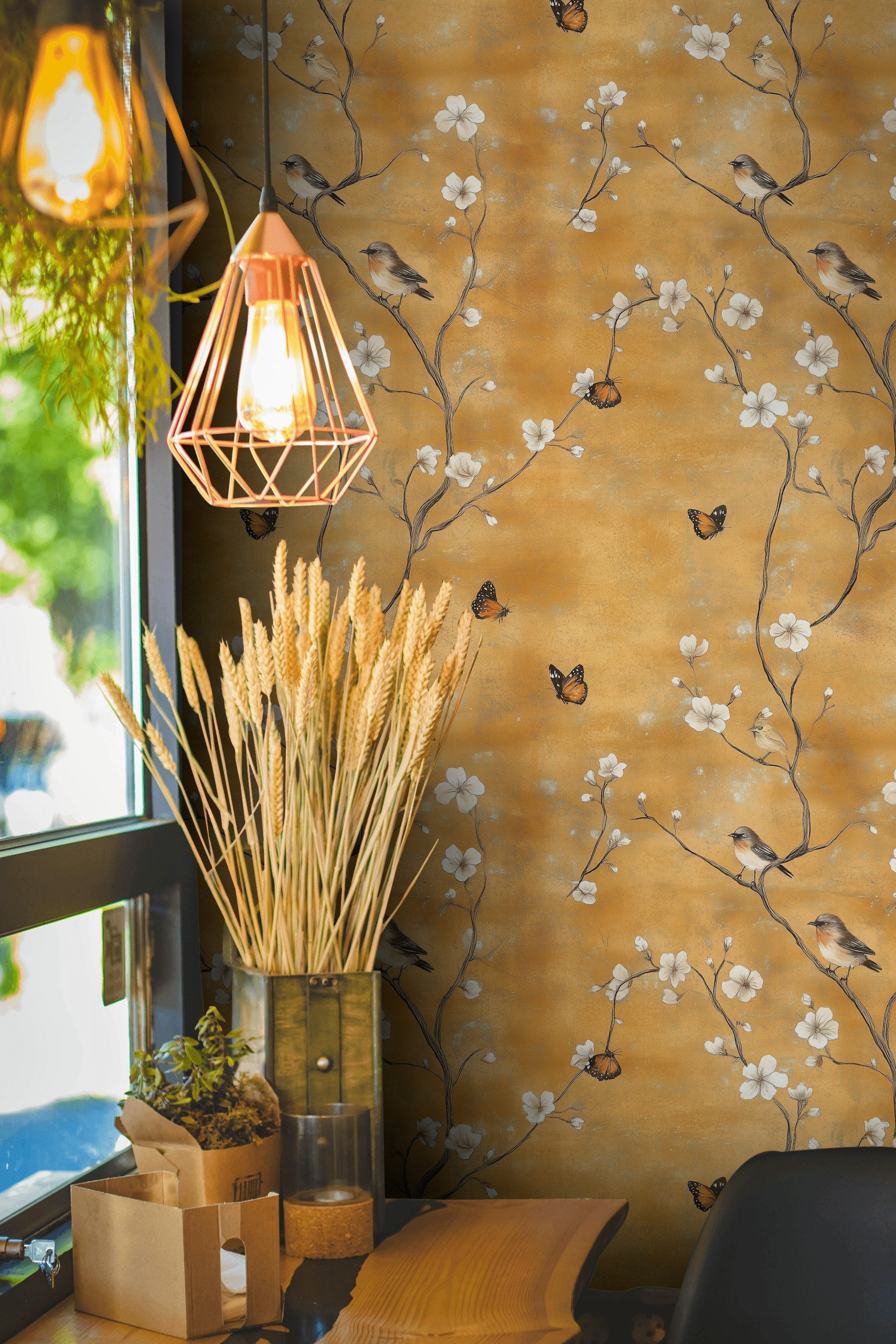 Golden Look Cherry Blossom and Bird Wallpaper