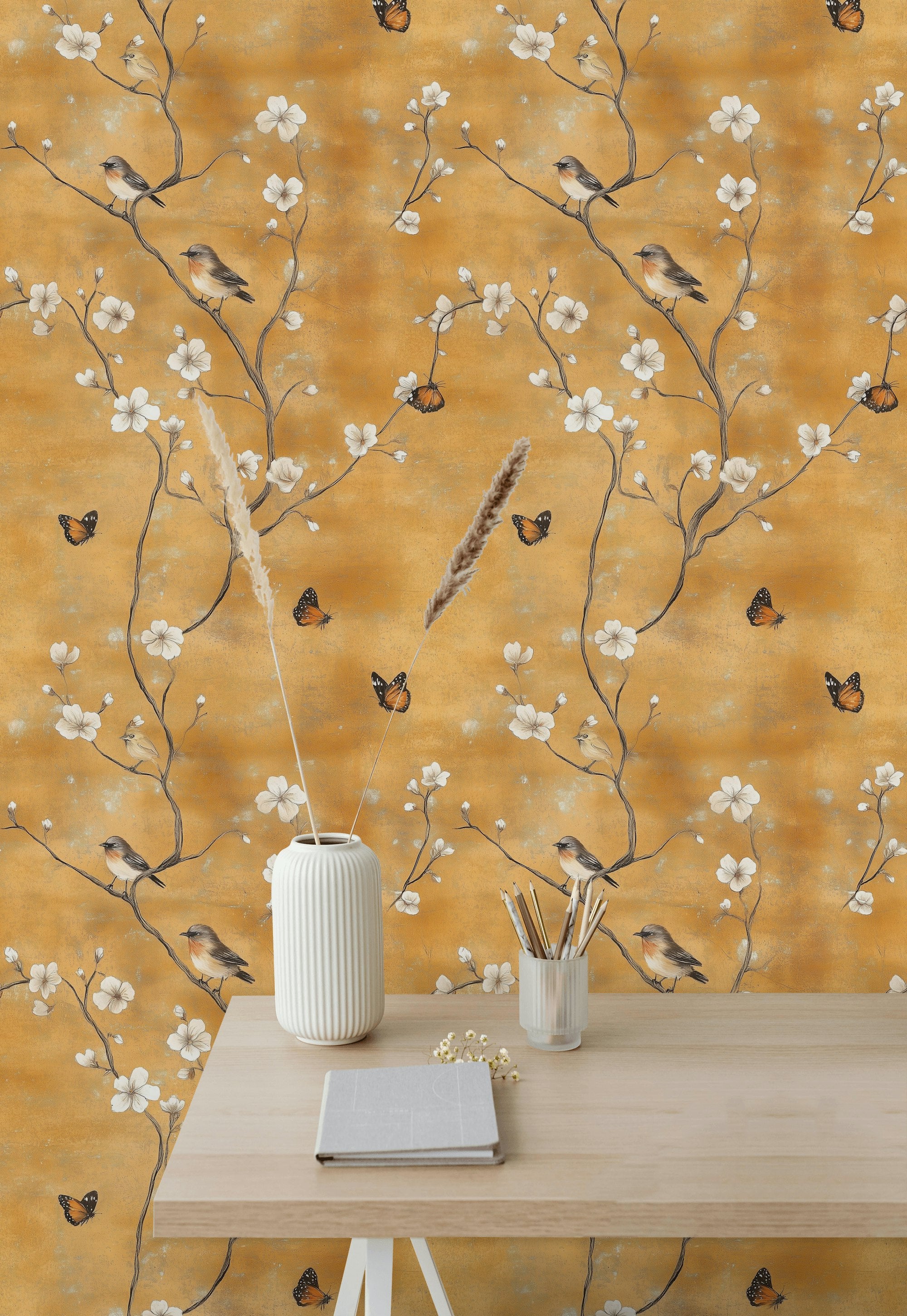 Golden Look Cherry Blossom and Bird Wallpaper