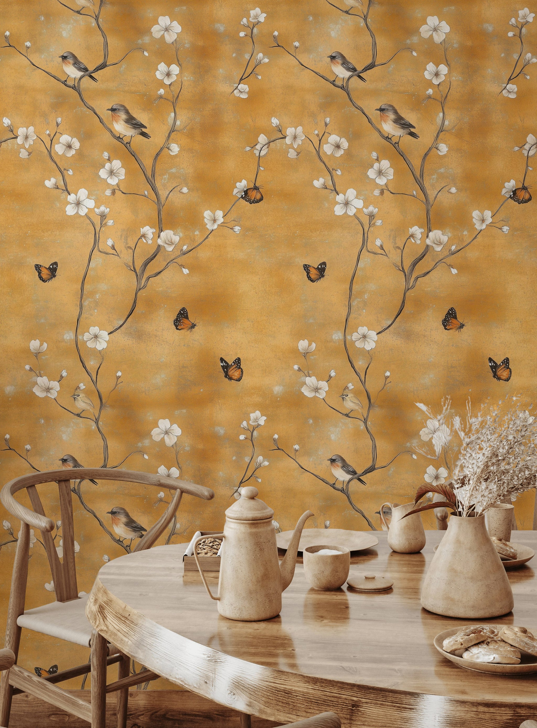 Golden Look Cherry Blossom and Bird Wallpaper