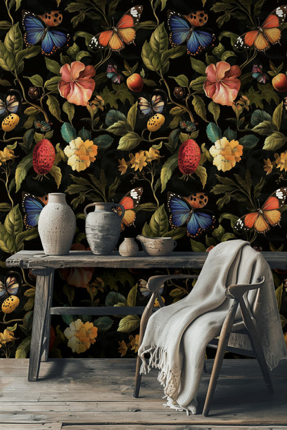 Vintage Multicolor Floral and Butterfly Wallpaper