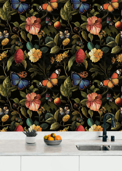 Vintage Multicolor Floral and Butterfly Wallpaper