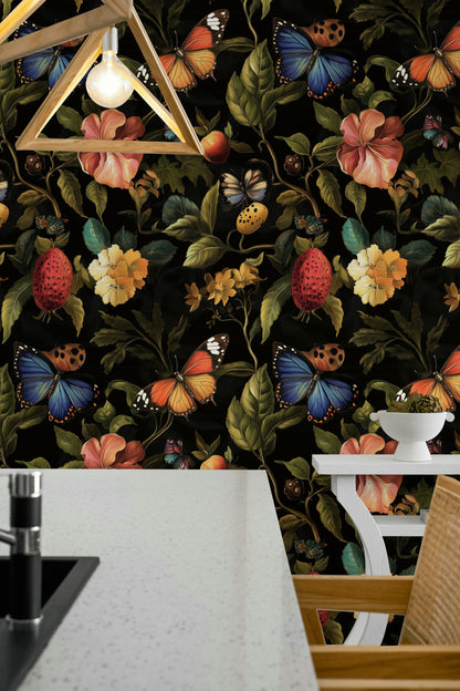 Vintage Multicolor Floral and Butterfly Wallpaper