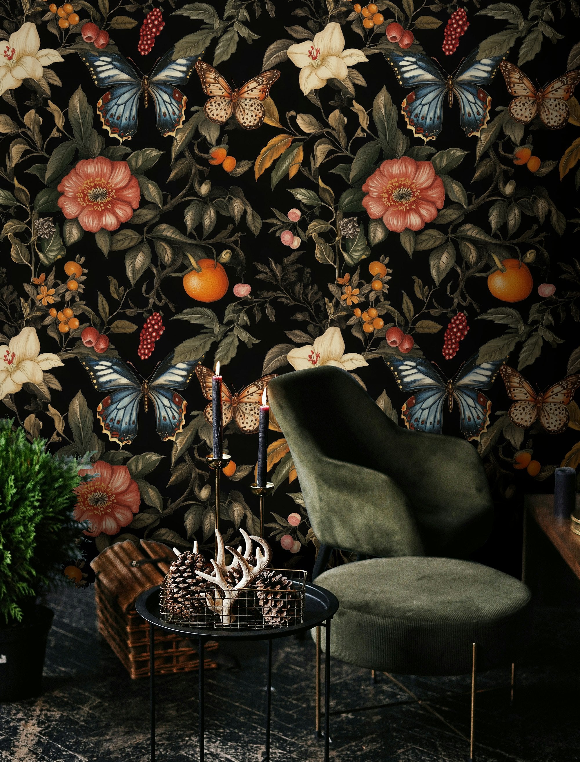 Elegant Black Floral and Butterfly Wallpaper