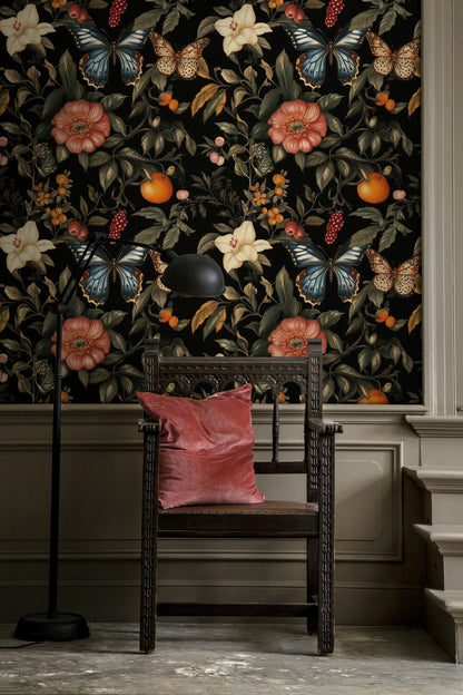 Elegant Black Floral and Butterfly Wallpaper