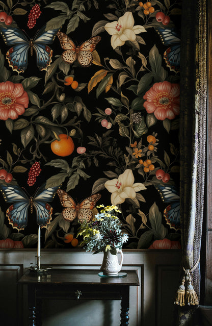 Elegant Black Floral and Butterfly Wallpaper