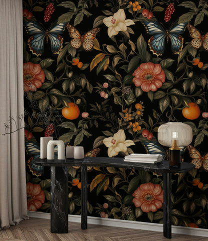 Elegant Black Floral and Butterfly Wallpaper