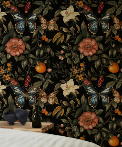Elegant Black Floral and Butterfly Wallpaper