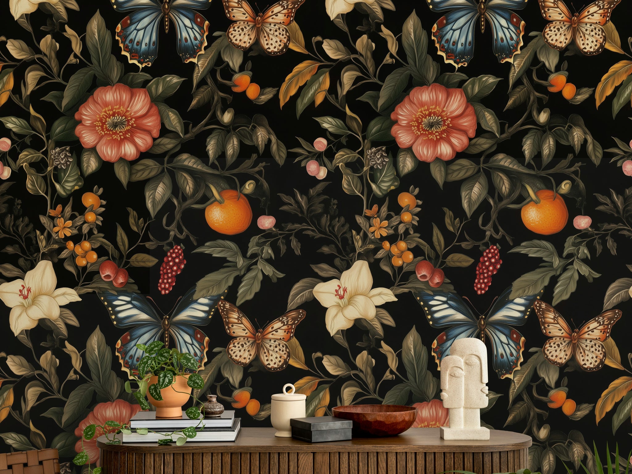 Elegant Black Floral and Butterfly Wallpaper
