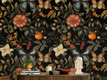 Elegant Black Floral and Butterfly Wallpaper