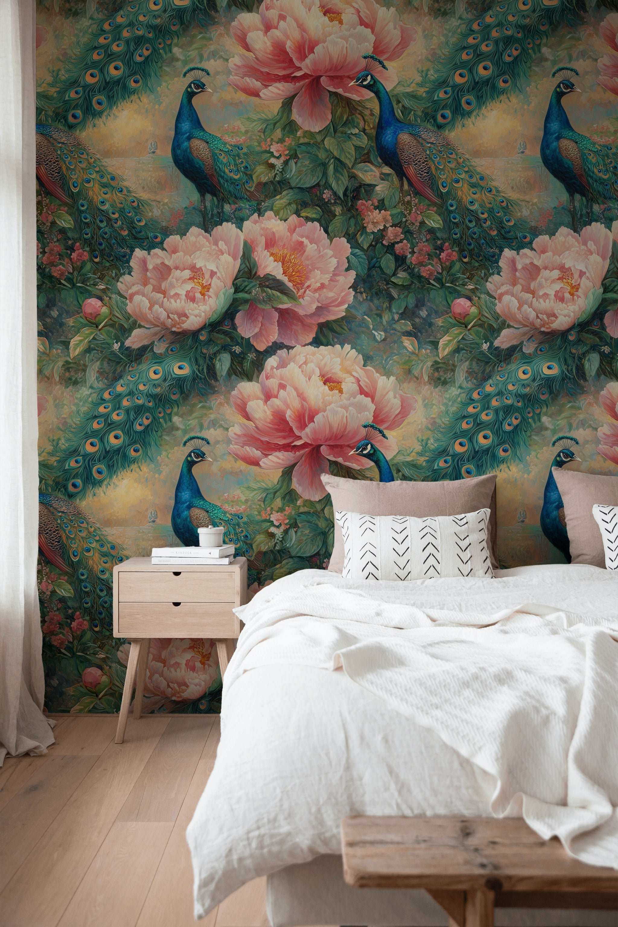 Peach Pink Peony and Peacock Floral Wallpaper