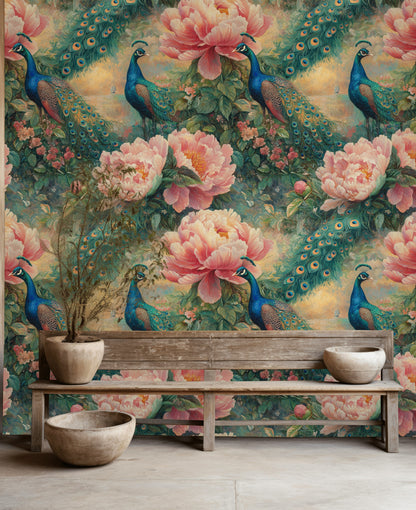 Peach Pink Peony and Peacock Floral Wallpaper