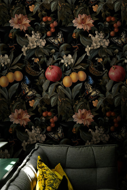 Dark Botanical and Butterfly Fantasy Wallpaper