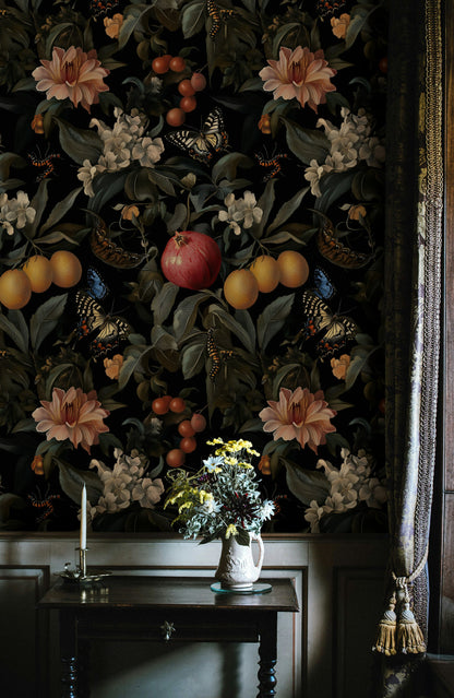 Dark Botanical and Butterfly Fantasy Wallpaper