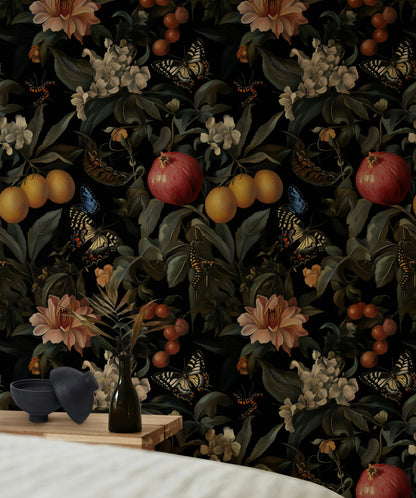 Dark Botanical and Butterfly Fantasy Wallpaper