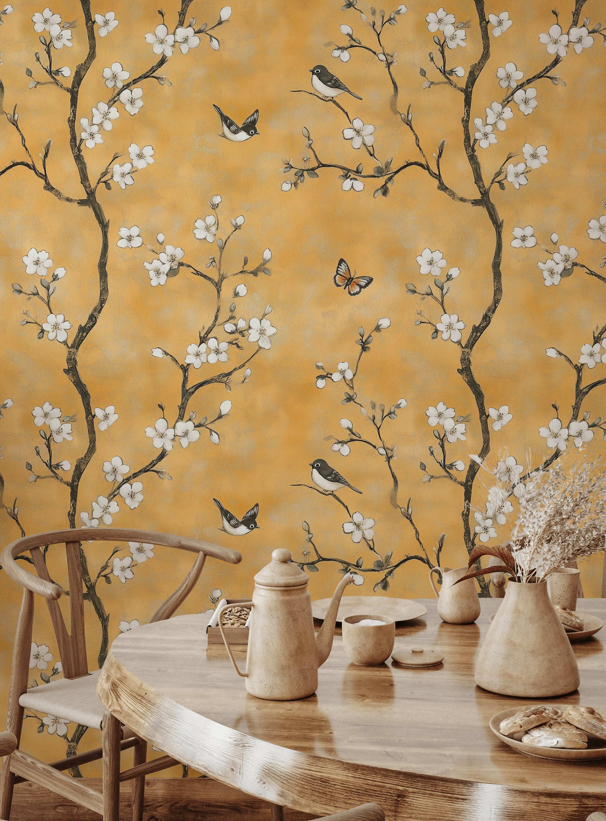 Golden Look Yellow Cherry Blossom and Bird Wallpaper