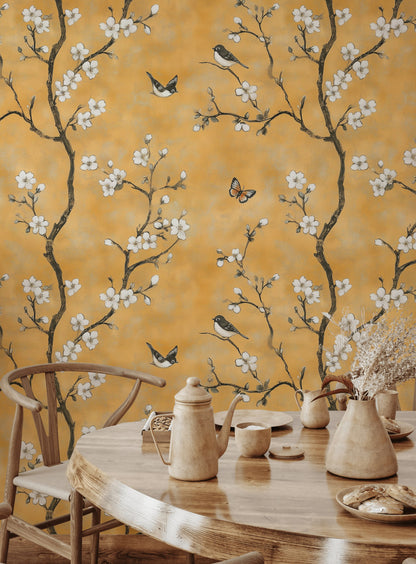 Golden Look Yellow Cherry Blossom and Bird Wallpaper