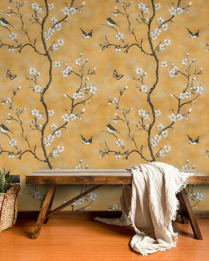 Golden Look Yellow Cherry Blossom and Bird Wallpaper