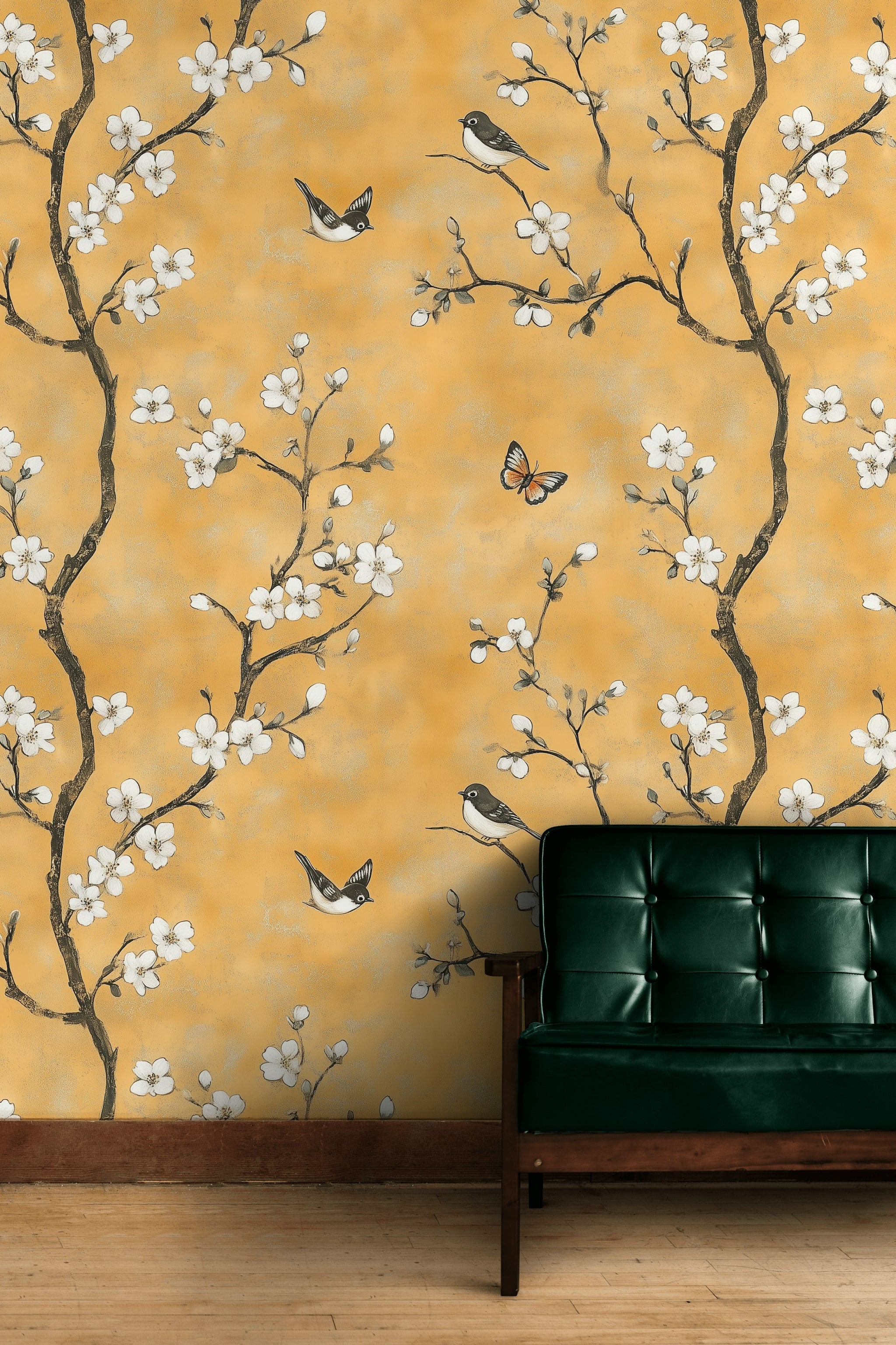 Golden Look Yellow Cherry Blossom and Bird Wallpaper