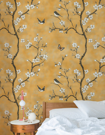 Golden Look Yellow Cherry Blossom and Bird Wallpaper