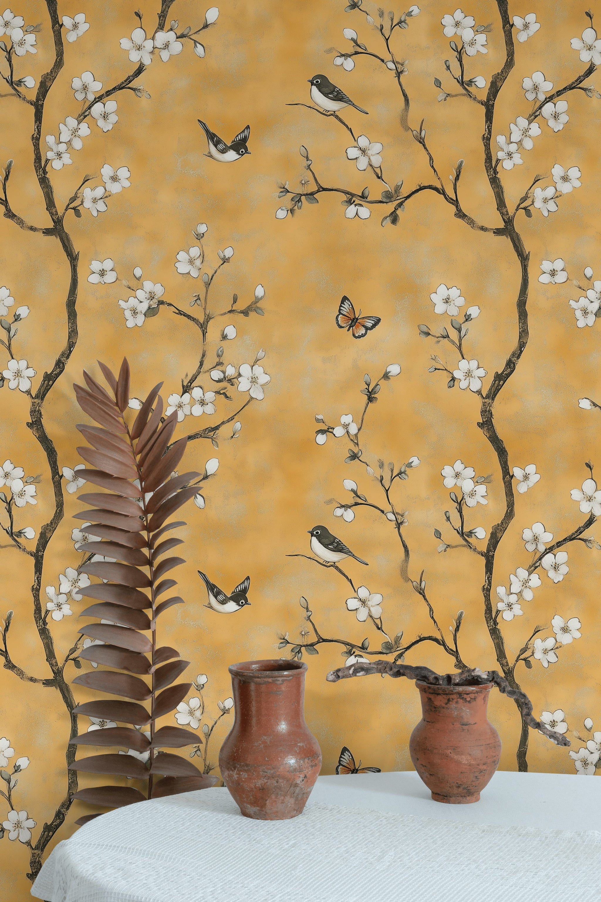Golden Look Yellow Cherry Blossom and Bird Wallpaper