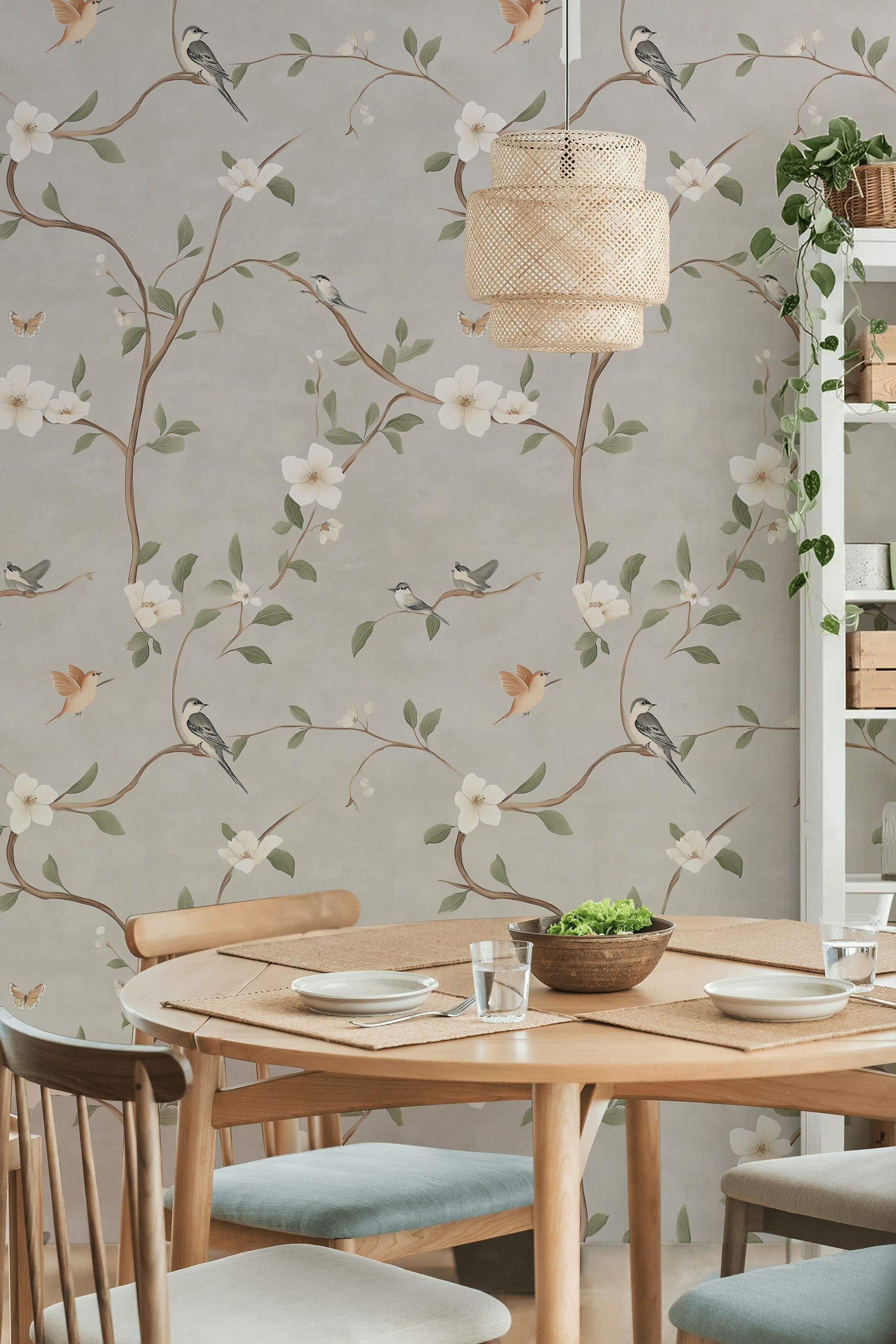 Soft Beige Floral and Bird Branch Wallpaper