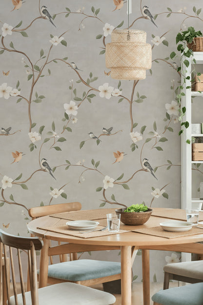 Soft Beige Floral and Bird Branch Wallpaper