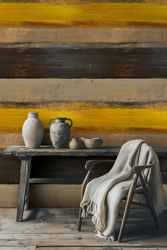 Modern Abstract Stripes Wallpaper Contemporary Yellow Brown Art