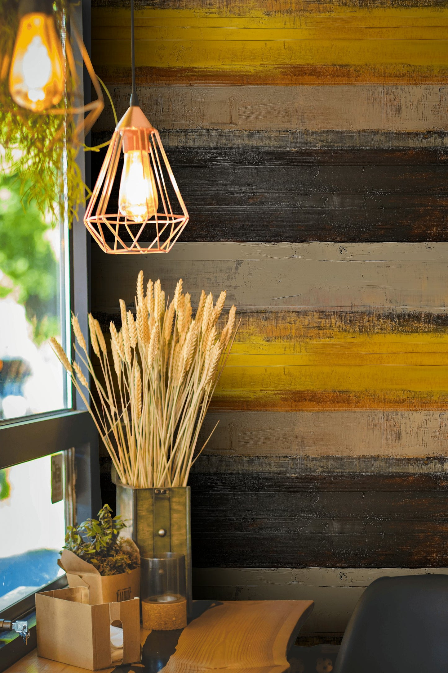 Modern Abstract Stripes Wallpaper Contemporary Yellow Brown Art