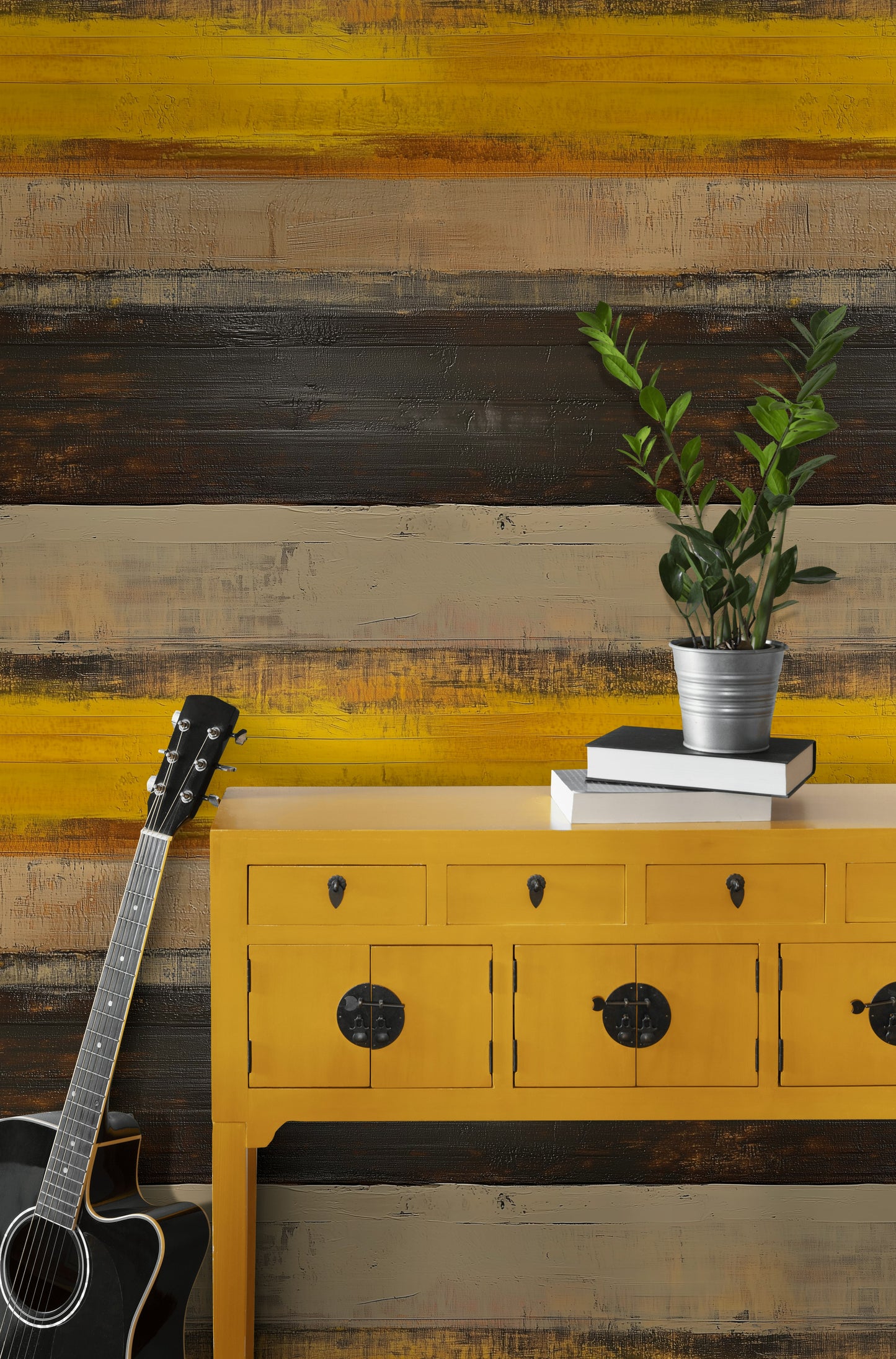 Modern Abstract Stripes Wallpaper Contemporary Yellow Brown Art
