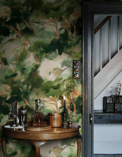 Green and Beige Abstract Leafy Brushstroke Wallpaper