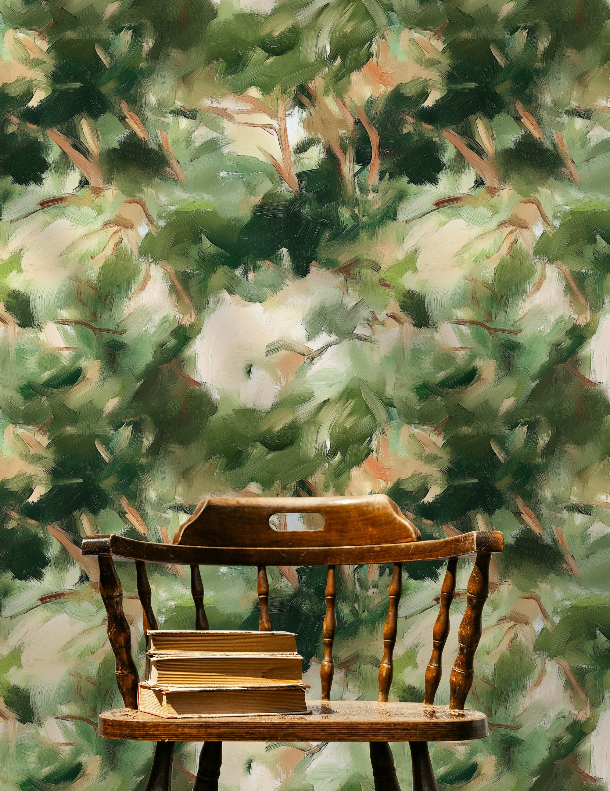 Green and Beige Abstract Leafy Brushstroke Wallpaper