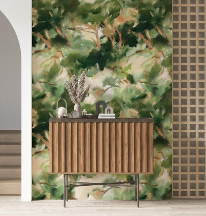 Green and Beige Abstract Leafy Brushstroke Wallpaper