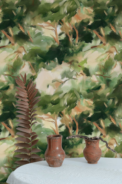 Green and Beige Abstract Leafy Brushstroke Wallpaper