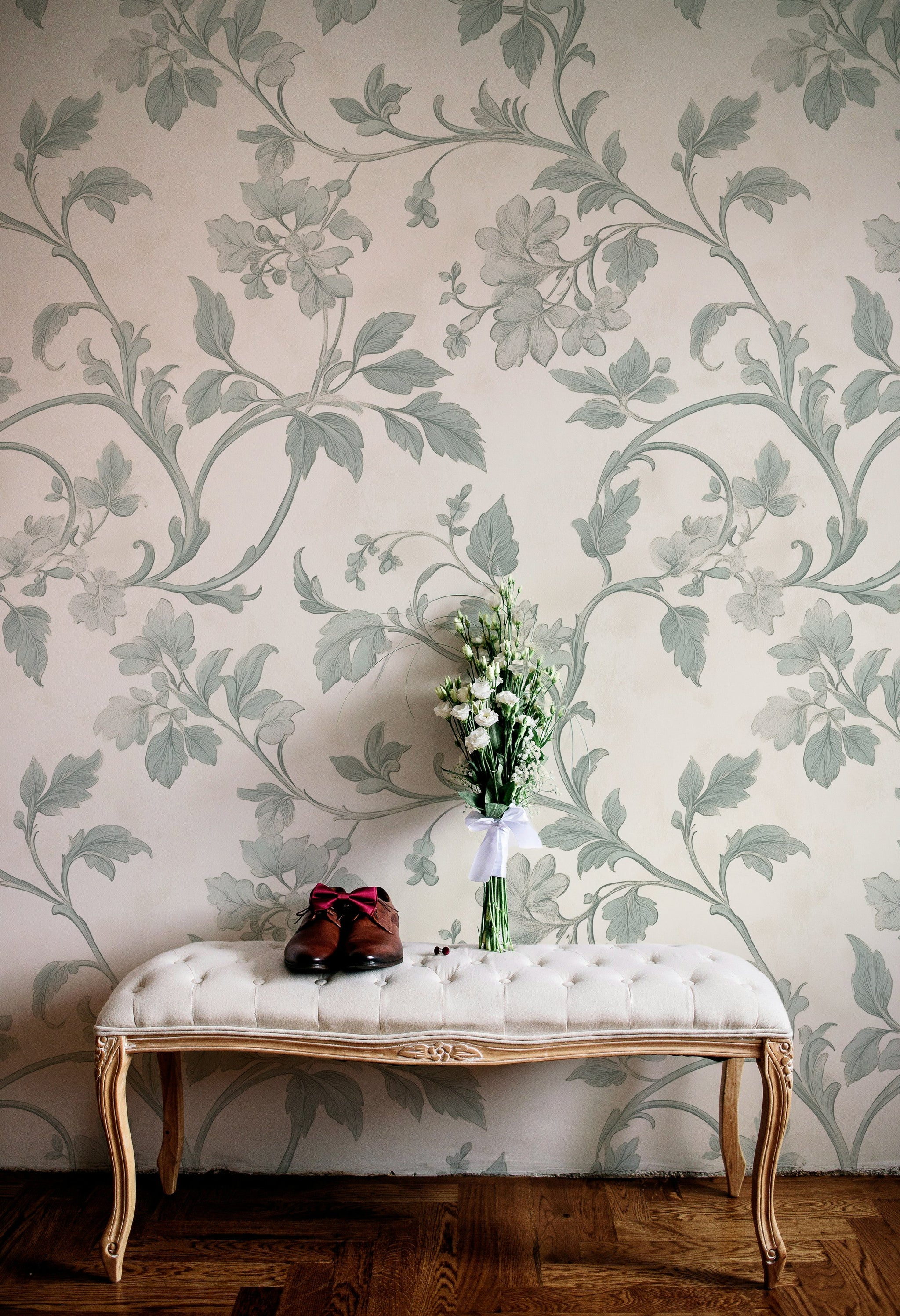 Cream and Sage Green Vintage Floral Wallpaper