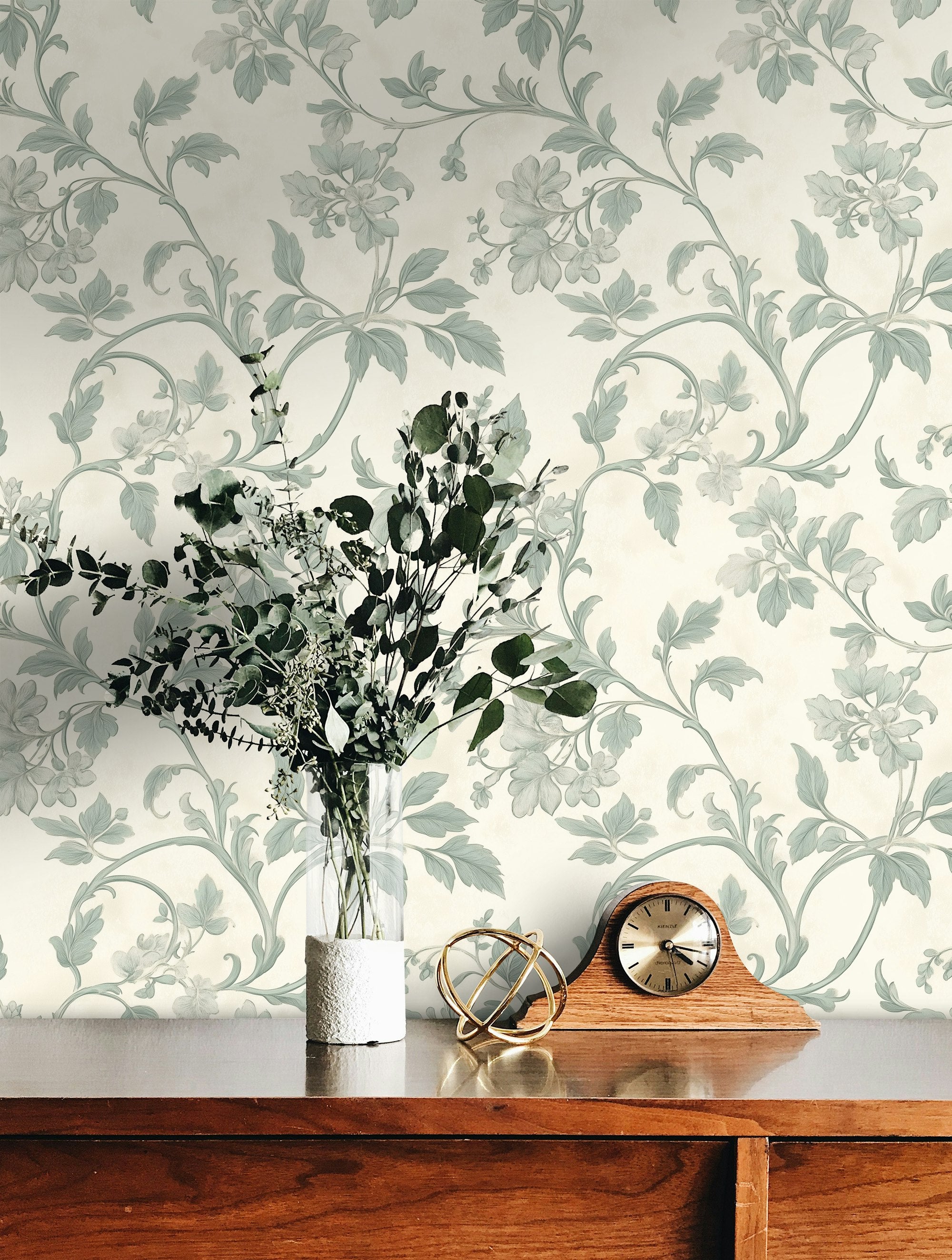Cream and Sage Green Vintage Floral Wallpaper