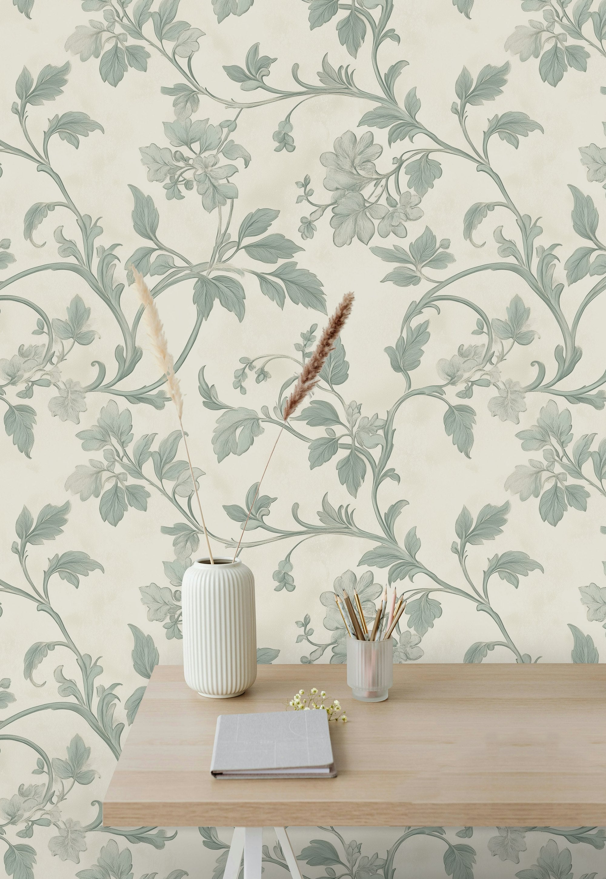 Cream and Sage Green Vintage Floral Wallpaper