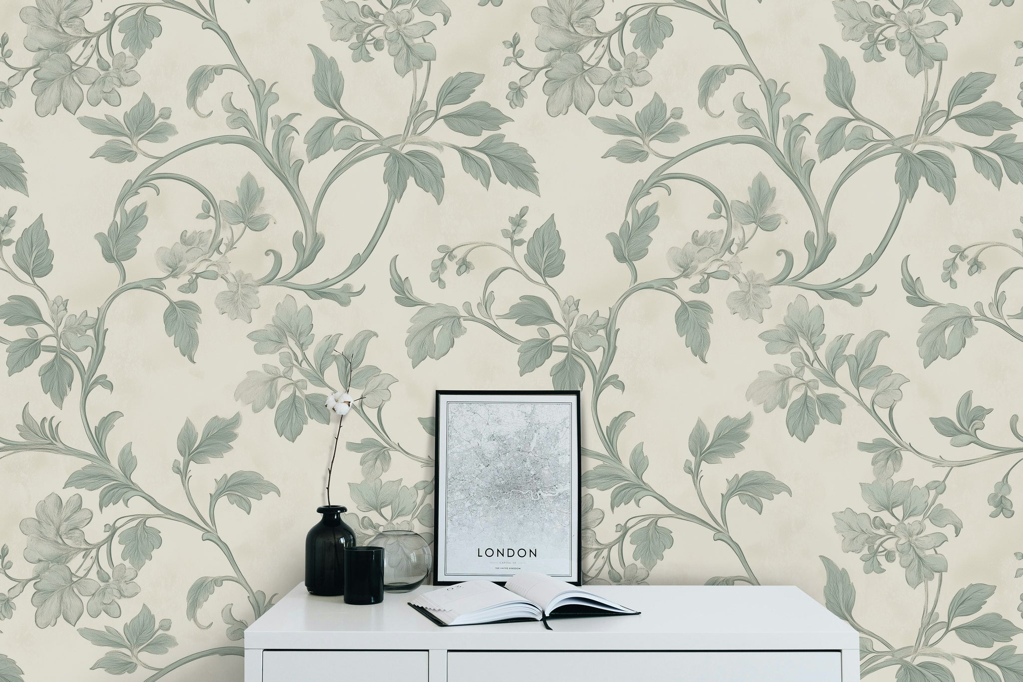 Cream and Sage Green Vintage Floral Wallpaper