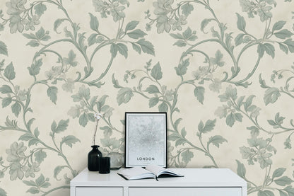Cream and Sage Green Vintage Floral Wallpaper
