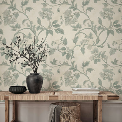 Cream and Sage Green Vintage Floral Wallpaper