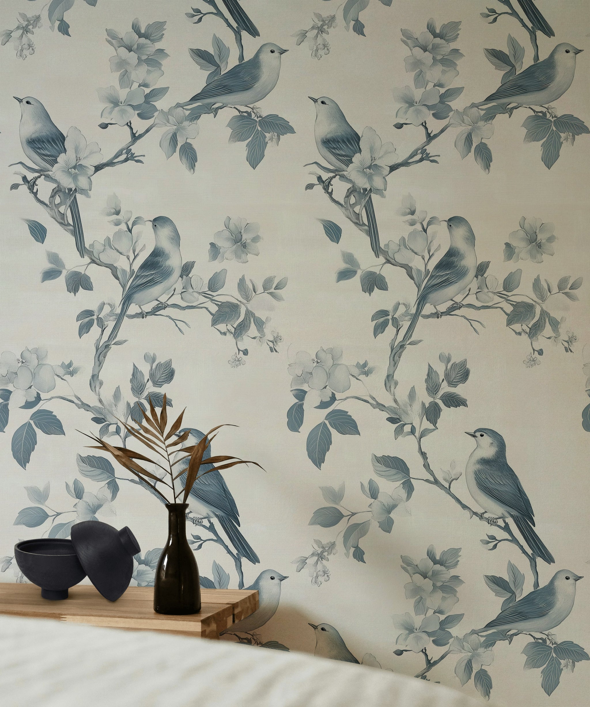 Cream and Blue Bird Floral Pattern Wallpaper