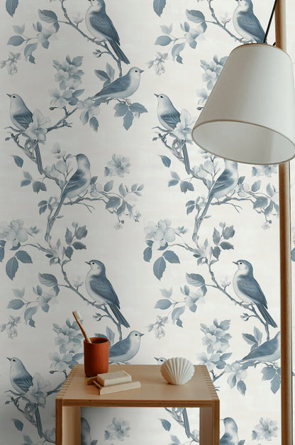 Cream and Blue Bird Floral Pattern Wallpaper