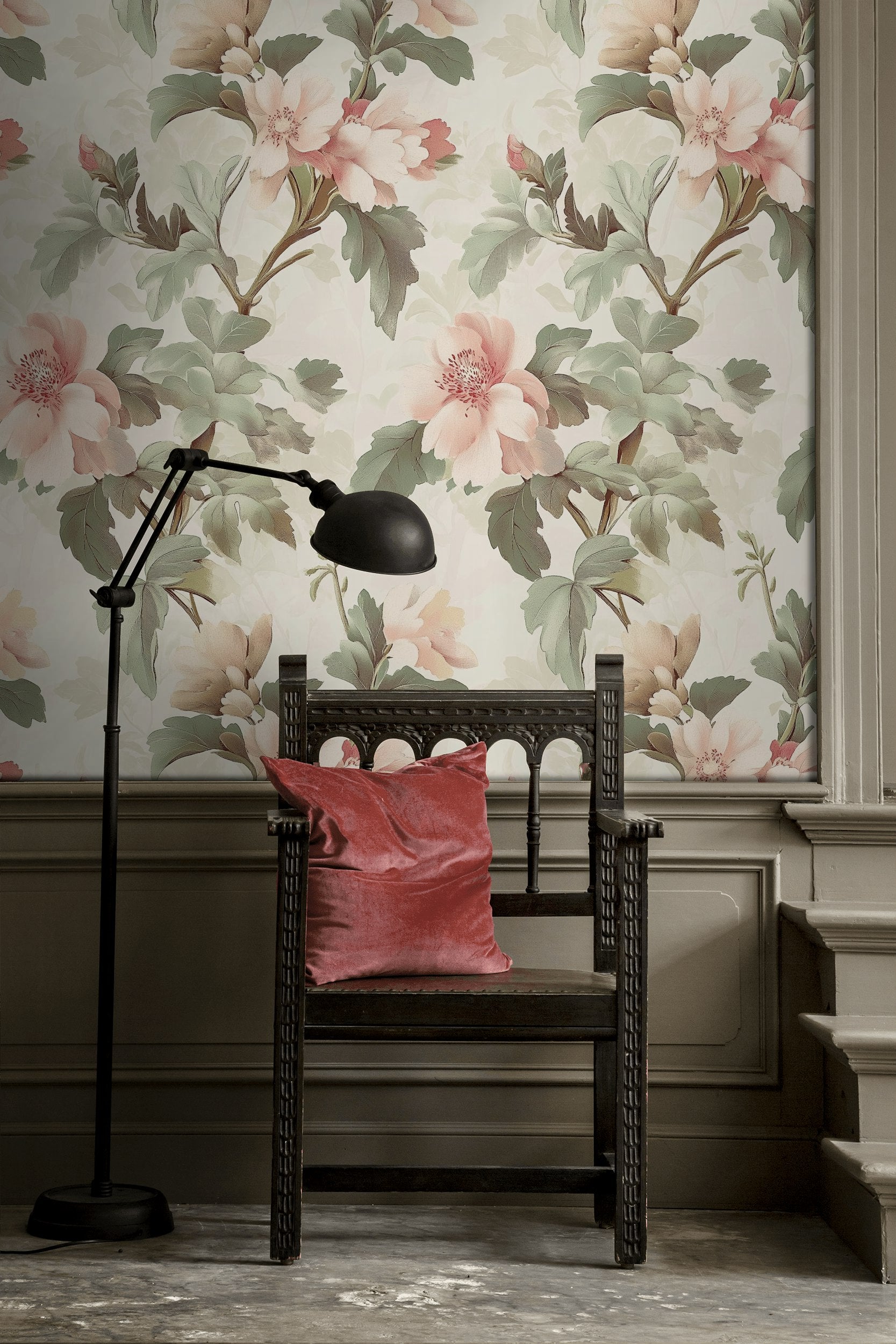 Cream Peony and Foliage Floral Wallpaper