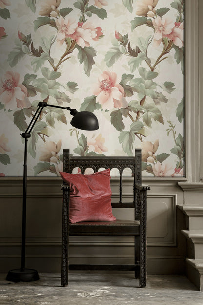 Cream Peony and Foliage Floral Wallpaper