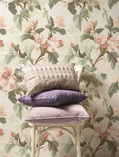 Cream Peony and Foliage Floral Wallpaper
