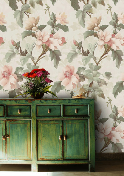 Cream Peony and Foliage Floral Wallpaper