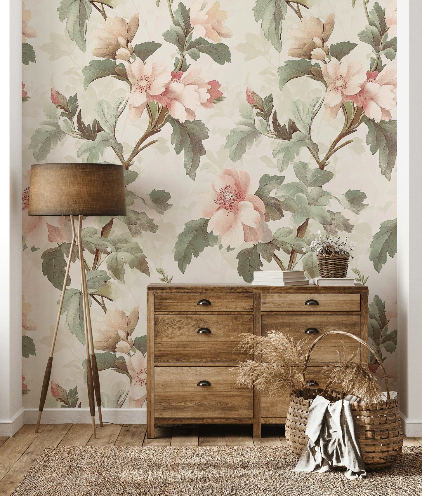 Romantic Blush Floral Wallpaper Vintage Botanical Pattern